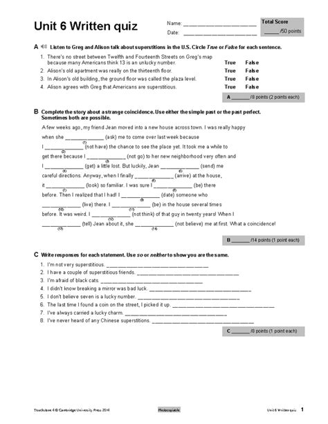 Unit 2 Written Quiz Touchstone 1 6