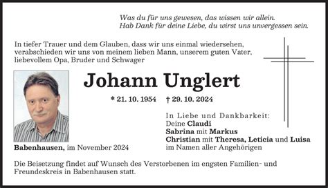 Traueranzeigen Von Johann Unglert Augsburger Allgemeine Zeitung