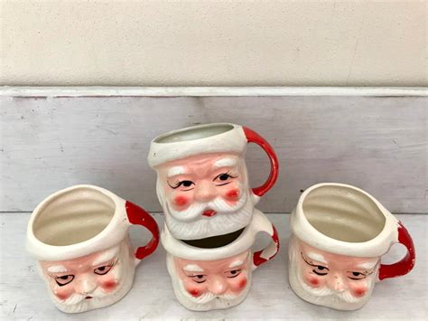 Vintage Santa Mugs Set Of Four 1950s Christmas Ceramic Etsy Santa Mugs Vintage Santas