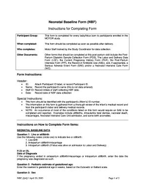 Fillable Online Cscc Unc Neonatal Baseline Form Nbf Instructions For