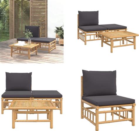 VidaXL 3 Delige Loungeset Met Kussens Bamboe Donkergrijs Loungeset