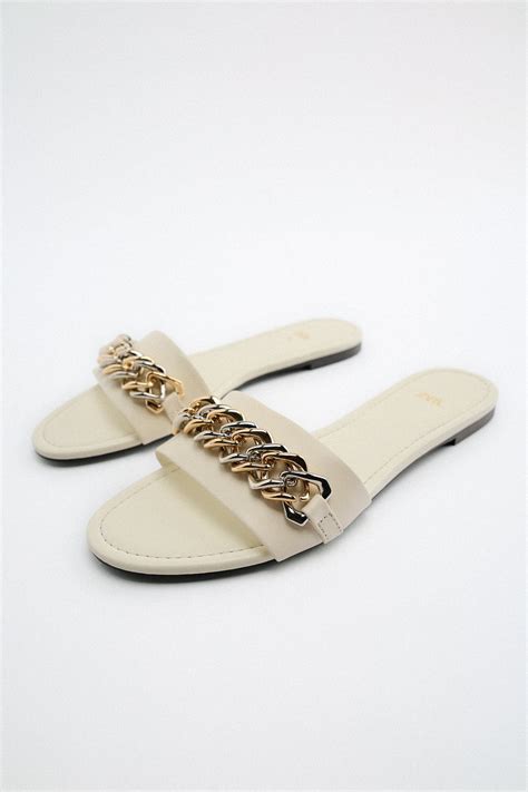 Zara Flat Leather Slider Sandals With Chains Mebu