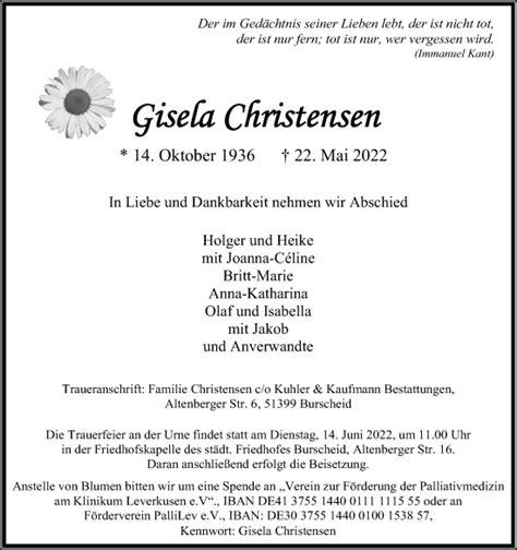 Traueranzeigen Von Gisela Christensen Wirtrauern