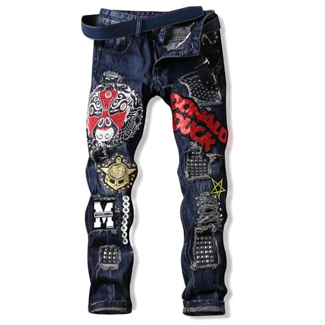 Nightclub Men Embroidery Badge Patch Jeans Mens Ripped Jeans Punk Biker