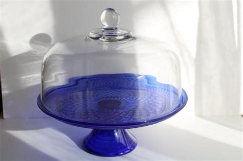 Anchor Hocking Wexford Cobalt Blue Cake Stand W Clear Glass Dome Cover 1980s Vintage