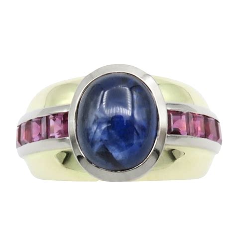 Bague Or Jaune K Saphir Ceylan Cabochon Et Rubis Calibr S