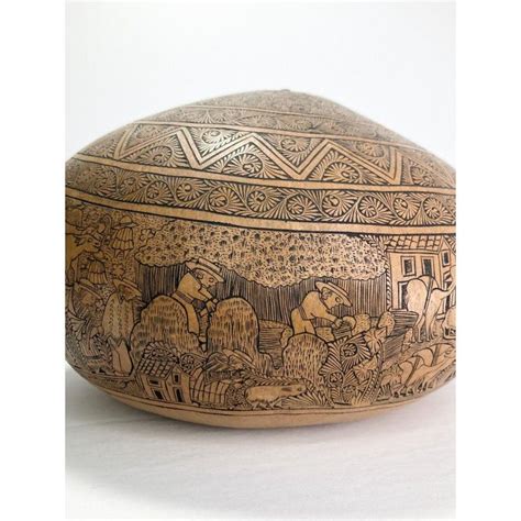 S Peruvian Folk Art Detailed Story Telling Hand Carved Gourd