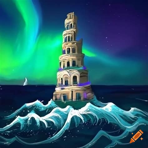 Anime Style Tower With Aurora Borealis And Sea Waves On Craiyon