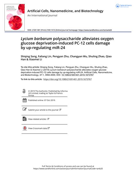 PDF Lycium Barbarum Polysaccharide Alleviates Oxygen Glucose