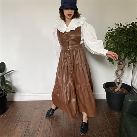 Zara Brown Faux Leather Maxi Layered Dress Brand Depop