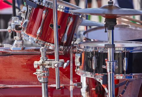 Rock Stage With Red Drums Detail Percussion Instruments Stock Photo