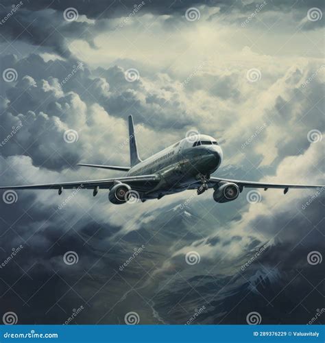 Airplane Flying In The Stormy Clouds White Modern Aircraft Passing