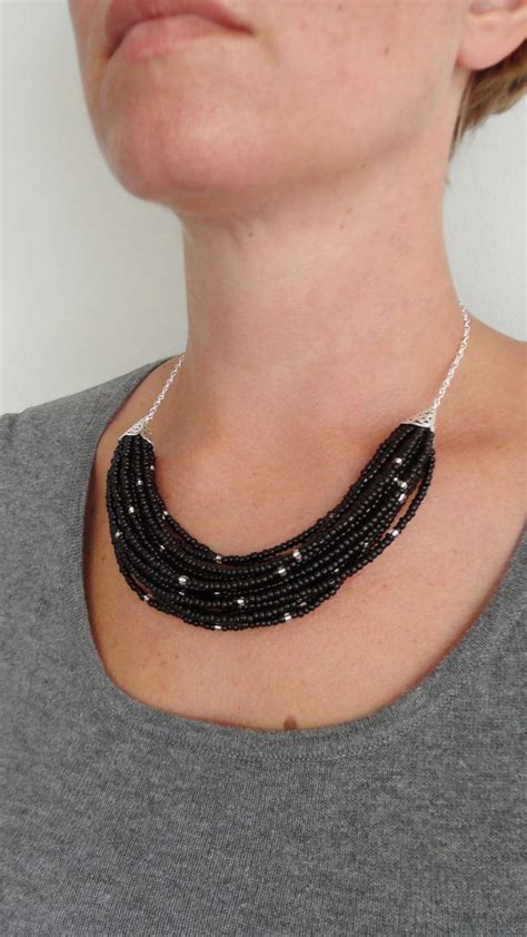 Layered Black Bib Necklace Multi Strand Black Seed Beads Minimalist Statement Necklace For Women