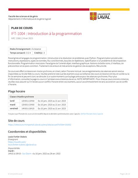 Ift Plan De Cours H Facult Des Sciences Et De G Nie