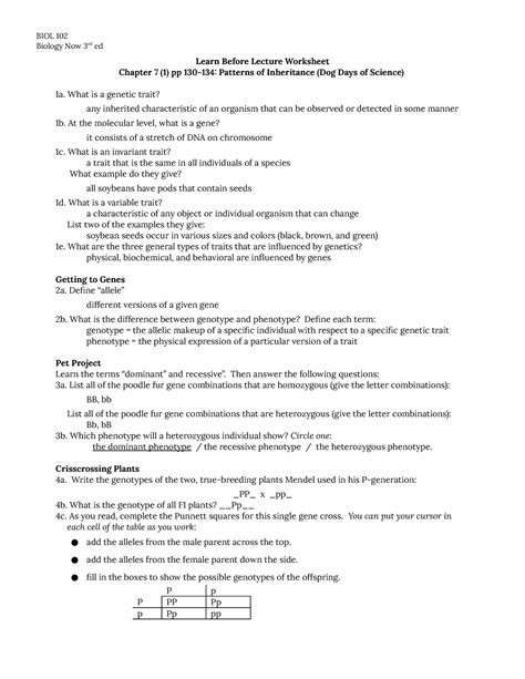 LBL 11 Ch 7 Patterns Of Inheritance BIOL 102 Biology Now 3rd Ed