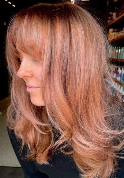 25 Peach Hair Colour Ideas Thatre Perfect For Summer Peach Hair Long Layers With Bangs