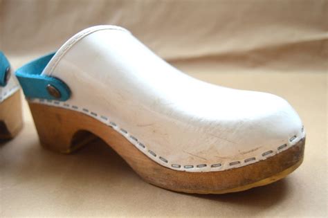 Vintage Clogs 90s Wooden Girls Clogs White Leather Slip On Etsy