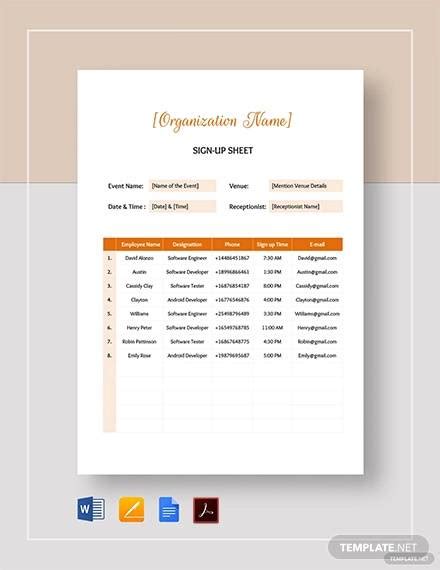 Free Sample Sign Up Sheet Templates In Pdf Ms Word Apple Pages