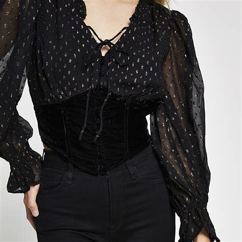 Black Long Sleeve Corset Lurex Blouse Top River Island