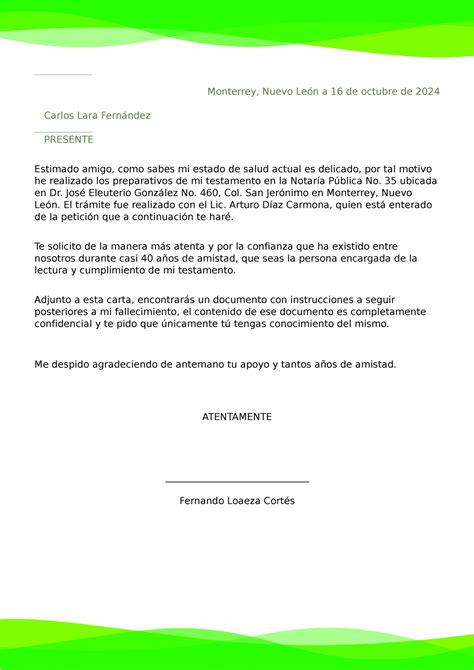 Carta Formal Para Un Amigo Monterrey Nuevo Le N A De Octubre De