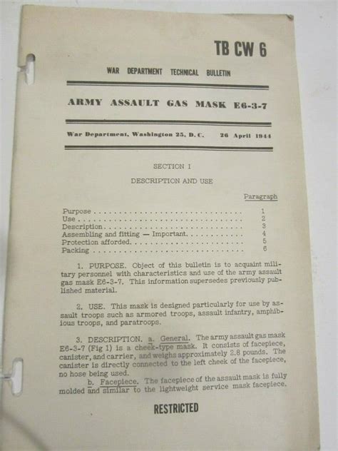 World War 2 Army Assault Gas Mask Instructions Vintage E6 3 7