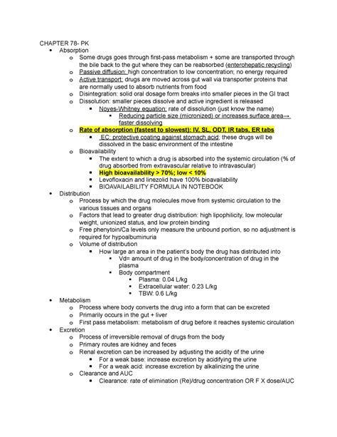 PK - Lecture notes for pharmacokinetics course work - CHAPTER 78- PK Absorption o Some drugs ...