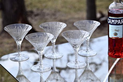 Vintage Etched Crystal Martini Glasses Set Of Antique Crystal