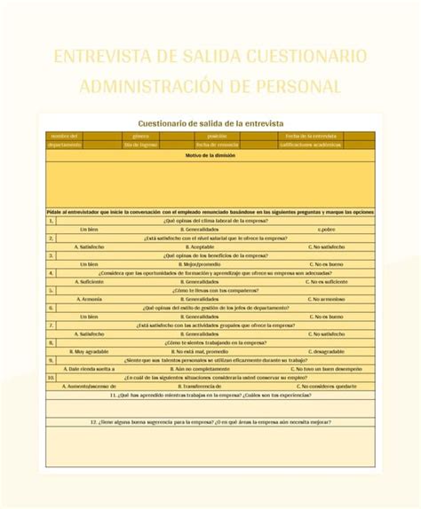 Plantilla De Formato Excel Entrevista De Salida Cuestionario