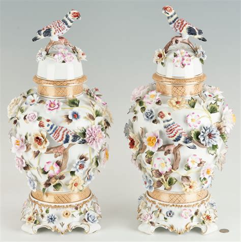 Lot Pr Richard Klemm Dresden Floral Encrusted Porcelain Urns