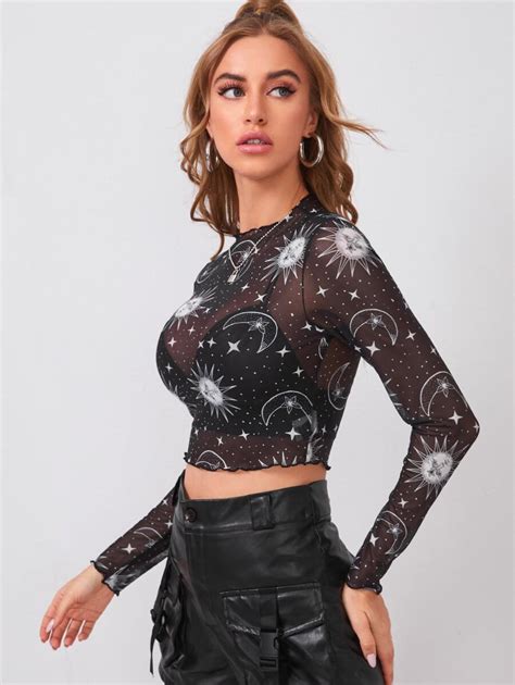 SHEIN EZwear Top De Malla Transparente Con Estampado De Galaxia Sin