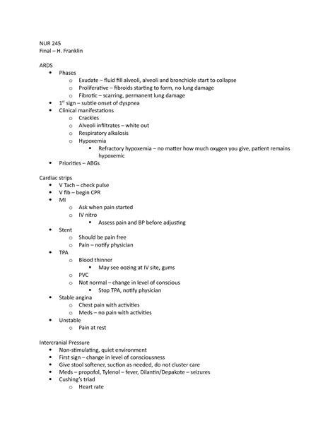 NUR 245 Exam 3 Review HFranklin NUR 245Final H Franklin ARDS