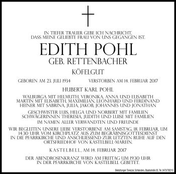 Traueranzeigen Von Edith Pohl Trauer Bz