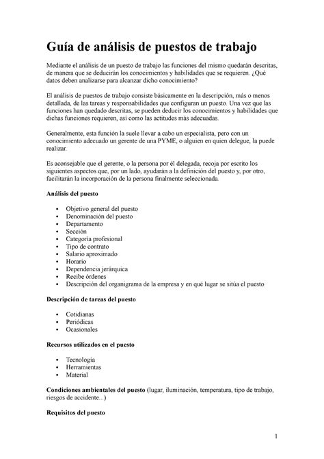 Guía De Análisis De Puestos De Trabajo Guía De Análisis De Puestos De