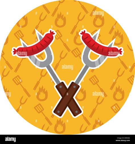 Sausages With Forks Barbecue On Yellow Background Vector Illustration