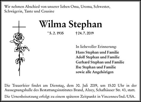 Traueranzeigen Von Wilma Stephan Vrm Trauer De