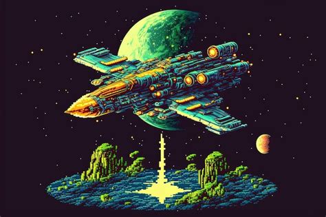 Pixel Art De La Nave Espacial Volando Sobre El Fondo De Los Planetas En