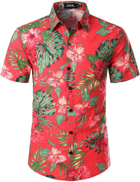 Jogal Mens Flower Casual Button Down Short Sleeve Hawaiian Shirt Coral