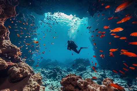 Underwater Scuba Diver Exploring a Coral Reef Cave With Schools of Fish ...