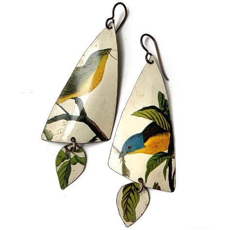 Audubon Bird Tin Earrings Boho Upcycled Tin Dangle Earrings Vintage