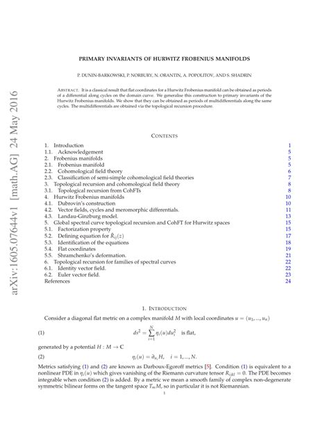 PDF Primary Invariants Of Hurwitz Frobenius Manifolds