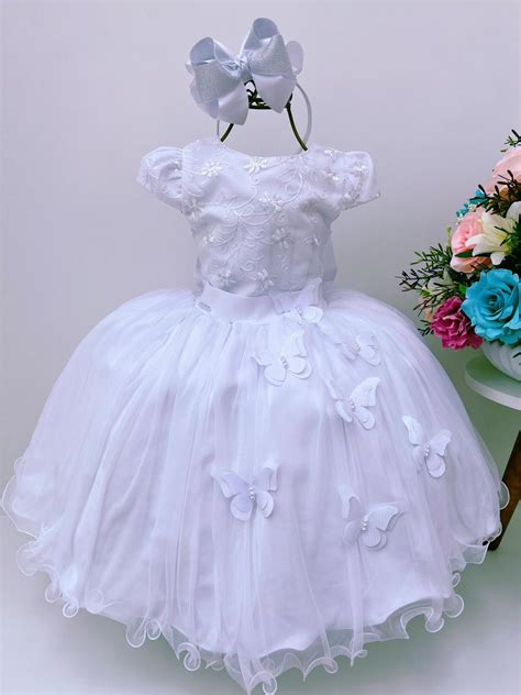 Vestido Infantil Branco Renda C Aplique Borboletas Dama Princesa