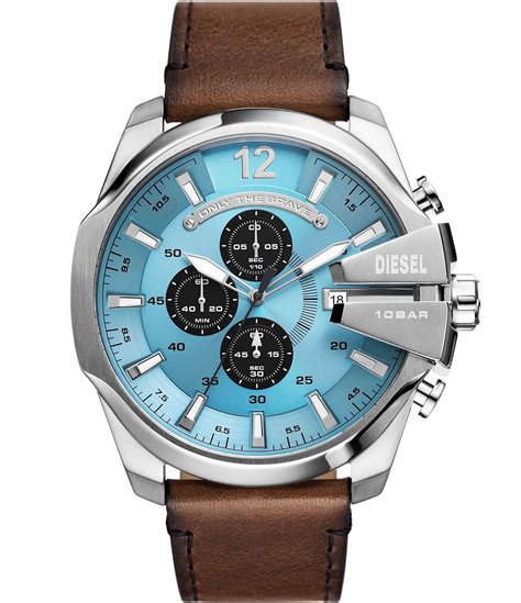 Diesel Mens Blue Dial Mega Chief Chronograph Brown Leather Watch