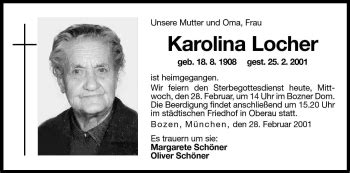 Traueranzeigen Von Karolina Locher Trauer Bz