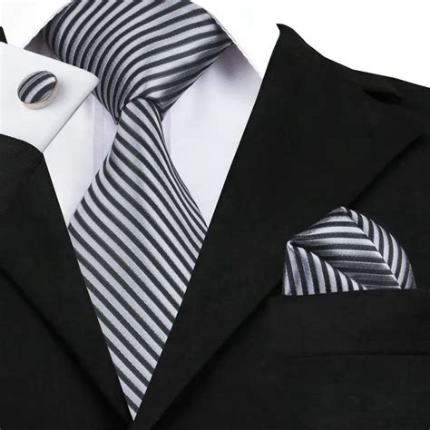 Sn 915 Black Silver Striped Tie Hanky Cufflinks Sets Mens 100 Silk