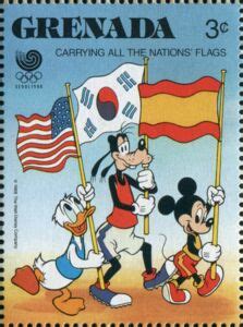 Stamp Donald Duck Goofy And Mickey Mouse Carrying Flags Grenada