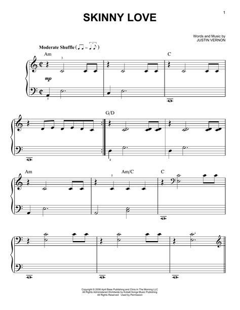 Skinny Love By Bon Iver Sheet Music For Very Easy Piano At Sheet Music Direct