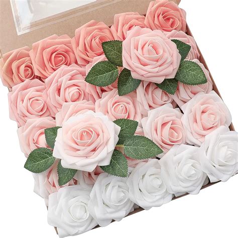 Floroom Artificial Flowers 25pcs Real Looking Pink Ombre Colors Foam Fake Roses With Stems For