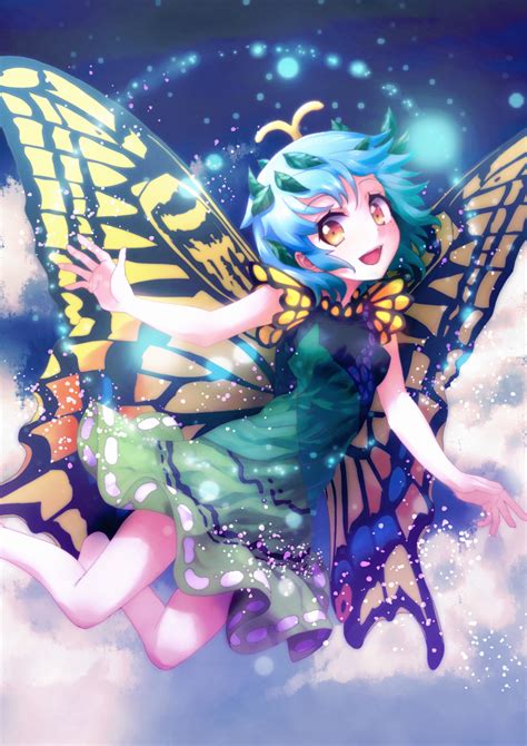 Safebooru 1girl Antennae Aqua Hair Bare Legs Barefoot Blush Butterfly