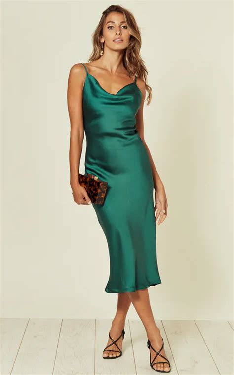 Green Cowl Neck Satin Slip Cami Midi Dress Silkfred Us