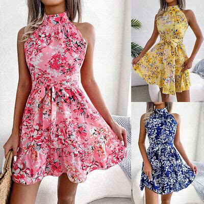 Womens Sexy Boho Floral Off Shoulder Mini Dress Summer Holiday Beach